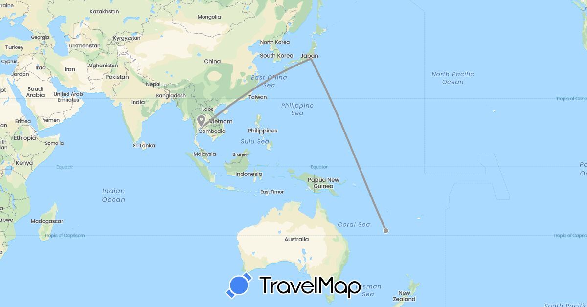 TravelMap itinerary: plane in Japan, New Caledonia, Thailand (Asia, Oceania)